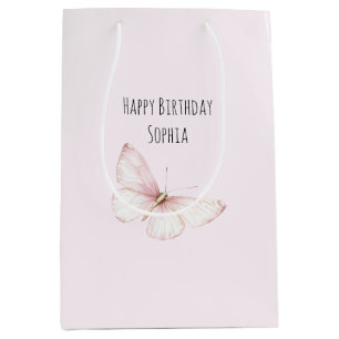 Sac Cadeau Moyen Anniversaire Papillon Rose Joli