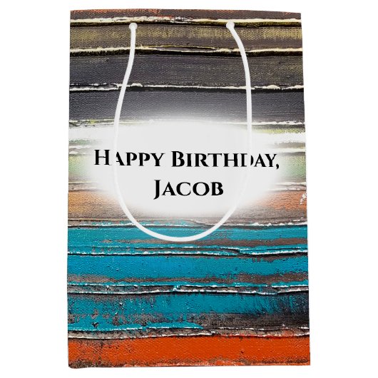 Sac Cadeau Moyen anniversaire, peinture sur bois rustique (Devant)