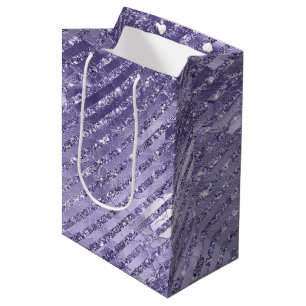 Sac Cadeau Moyen Anniversaire Rayures Paillettes Violettes Féminin 