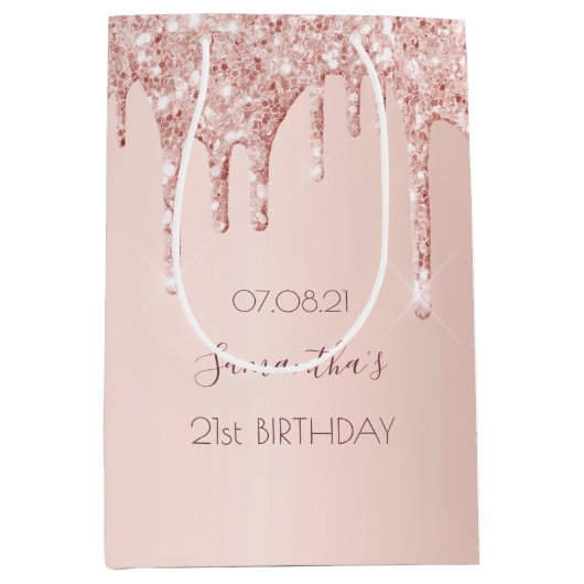 Sac Cadeau Moyen Anniversaire rose or parties scintillant goutte de (Devant)