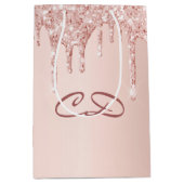 Sac Cadeau Moyen Anniversaire rose or rose gouttes monogramme initi (Devant)