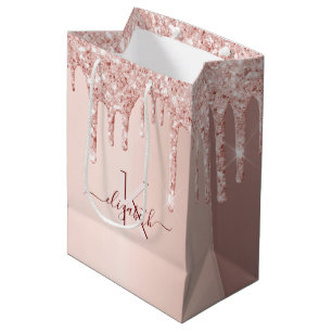 Sac Cadeau Moyen Anniversaire rose or rose gouttes script monogramm