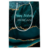 Sac Cadeau Moyen Anniversaire, sarcelle, or et agate noire, nom bla (Devant)