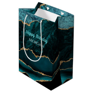 Sac Cadeau Moyen Anniversaire, sarcelle, or et agate noire, nom bla