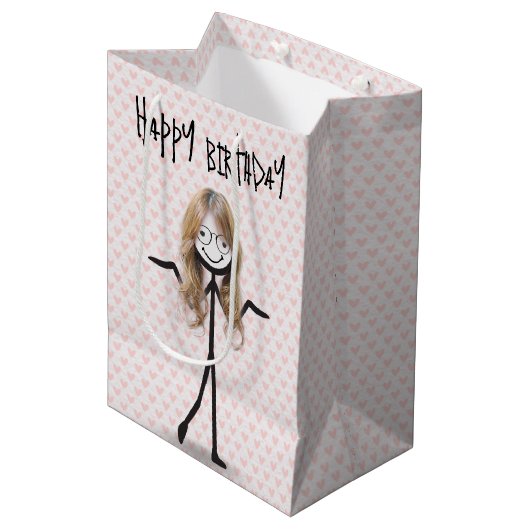 Sac Cadeau Moyen Anniversaire Stick Figure Girl avec cheveux et lun (Devant Angle)