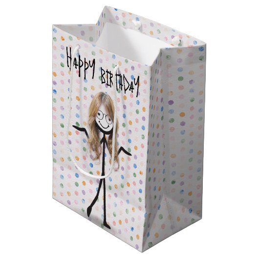 Sac Cadeau Moyen Anniversaire Stick Figure Girl avec cheveux et lun (Devant Angle)