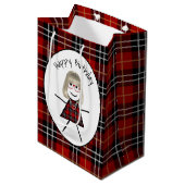 Sac Cadeau Moyen Anniversaire Stick Girl sur Tartan Plaid (Devant Angle)