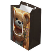 Sac Cadeau Moyen Anniversaire Teddy Bear avec un bouquet Fleur sauv (Devant Angle)