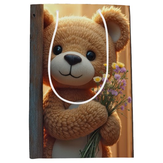 Sac Cadeau Moyen Anniversaire Teddy Bear avec un bouquet Fleur sauv (Devant)