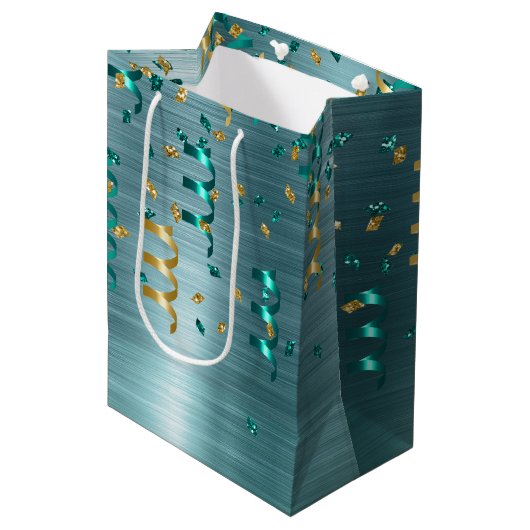Sac Cadeau Moyen Anniversaire turquoise de Confetti d'or (Devant Angle)