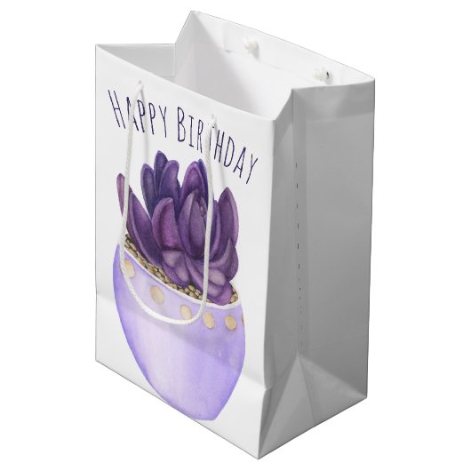 Sac Cadeau Moyen Anniversaire Violet Pot Succulent (Devant Angle)