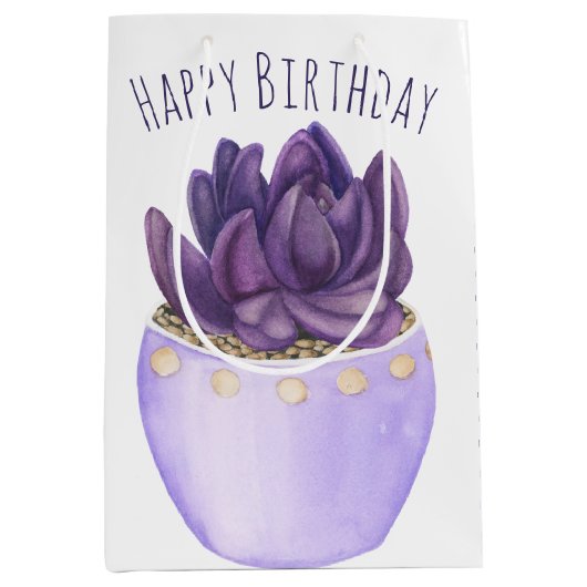 Sac Cadeau Moyen Anniversaire Violet Pot Succulent (Devant)