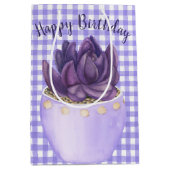 Sac Cadeau Moyen Anniversaire Violet Pot Succulent sur En vichy (Devant)