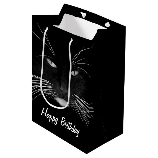 Sac Cadeau Moyen Anniversaire Visage de chat noir (Devant Angle)