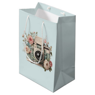 Sac Cadeau Moyen Appareil photo avec image rétro pastel de fleurs