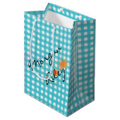 Sac Cadeau Moyen Aqua en vichy et fleurs (Devant Angle)