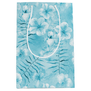 Sac Cadeau Moyen Aqua tropical Orchidées blanches Hibiscus Floral
