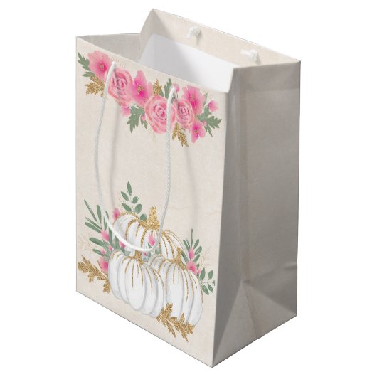 Sac Cadeau Moyen Aquarelle blanche et Citrouille or (Devant Angle)