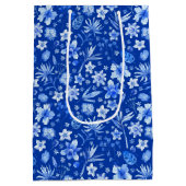 Sac Cadeau Moyen Aquarelle bleu Cobalt Fleurs tropicales Motif (Dos)