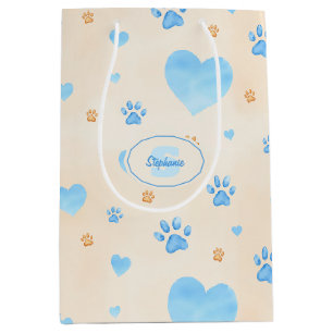 Sac Cadeau Moyen Aquarelle Bleu Coeurs et Empreintes de pattes Moti
