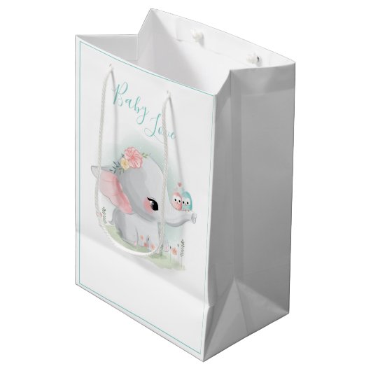 Sac Cadeau Moyen Aquarelle bleu Eléphant mignonne Bébé Amour (Devant Angle)