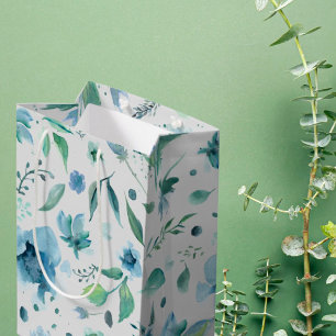 Sac Cadeau Moyen Aquarelle Bleu sur Floral Gris Clair  
