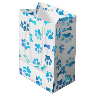 Sac Cadeau Moyen Aquarelle bleue Empreintes de pattes Anniversaire