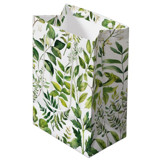 Sac Cadeau Moyen Aquarelle Botanique Vert feuilles (Devant Angle)