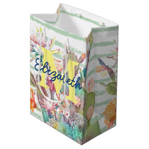 Sac Cadeau Moyen Aquarelle cactus, motifs floraux et rayures