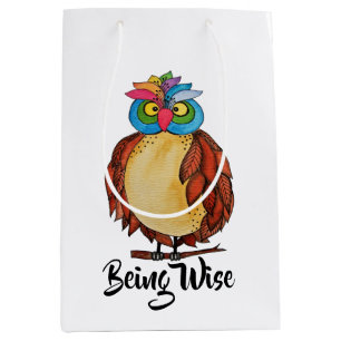 Sac Cadeau Moyen Aquarelle Chouette magique avec plumes arc-en-ciel