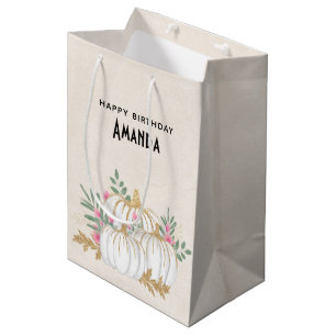 Sac Cadeau Moyen Aquarelle Citrouille blanche et or Anniversaire