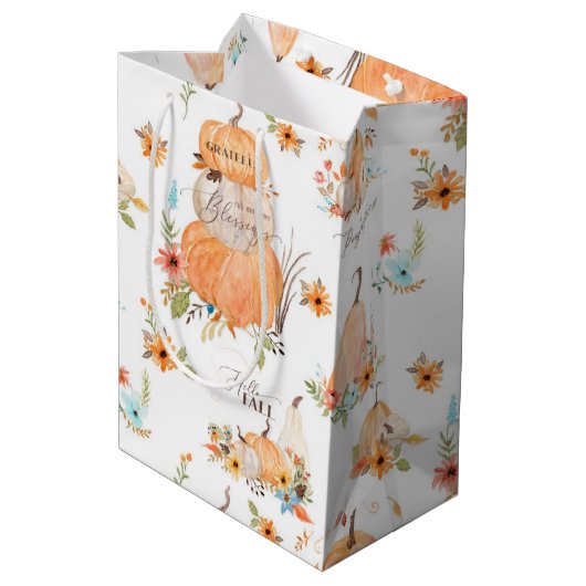 Sac Cadeau Moyen Aquarelle Citrouilles Fleurs d'automne dans Feuill (Dos Angle)