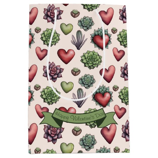 Sac Cadeau Moyen Aquarelle de coeur Succulente Valentines Motif de  (Devant)