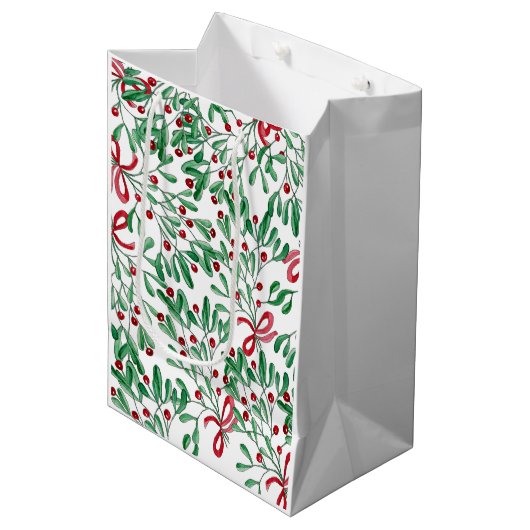 Sac Cadeau Moyen Aquarelle de Noël Rustique Mistletoe (Devant Angle)