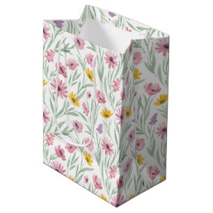 Sac Cadeau Moyen Aquarelle Florale Jaune Rose Violet Printemps Été