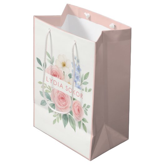 Sac Cadeau Moyen Aquarelle florale personnalisée (Devant Angle)