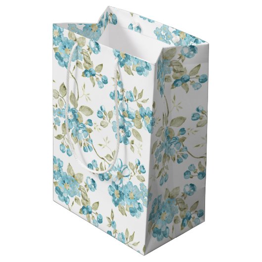 Sac Cadeau Moyen Aquarelle Florale Turquoise Vert Olive (Dos Angle)