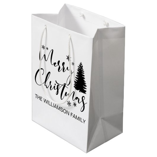 Sac Cadeau Moyen Aquarelle Forêt de sapins rustiques Moyenne hiver (Dos Angle)