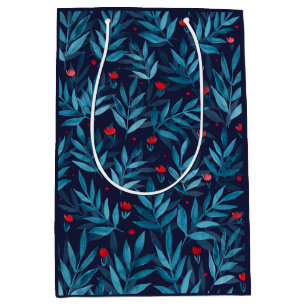 Sac Cadeau Moyen Aquarelle jardin nocturne - turquoise, bleu et rou