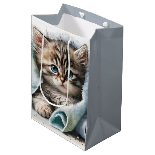 Sac Cadeau Moyen Aquarelle Kitten sous couverture (Devant Angle)