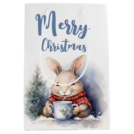 Sac Cadeau Moyen Aquarelle Lapin de Noël (Devant)