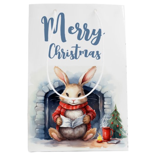 Sac Cadeau Moyen Aquarelle Lapin De Noël Par Cheminée (Devant)