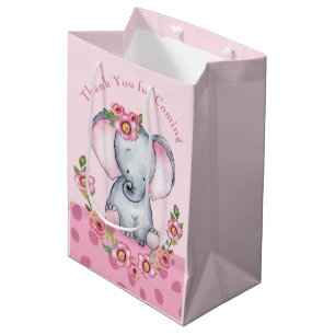 Sac Cadeau Moyen Aquarelle mignonne Baby shower d'éléphant rose Flo