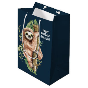 Sac Cadeau Moyen Aquarelle mignonne Sloth & Feuilles tropicaux Anni