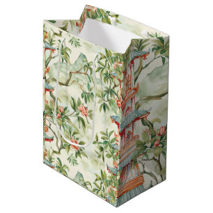 Sac Cadeau Moyen Aquarelle Pagode asiatique dans paysage verdoyant 