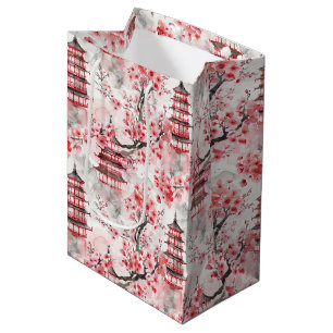 Sac Cadeau Moyen Aquarelle Pagode chinoise aux fleurs de cerisiers 