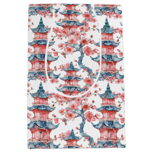 Sac Cadeau Moyen Aquarelle Pagode chinoise avec fleurs de cerisiers