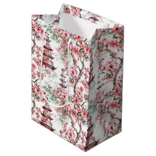 Sac Cadeau Moyen Aquarelle Pagode chinoise - Fleurs de cerisiers (1