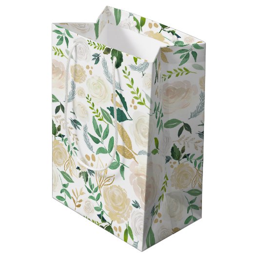 Sac Cadeau Moyen Aquarelle Peonies pâles et Parties scintillant d'o (Dos Angle)