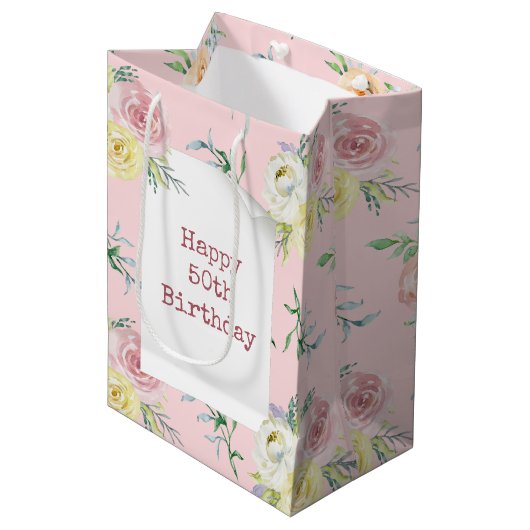 Sac Cadeau Moyen Aquarelle Rose 50e anniversaire (Devant Angle)